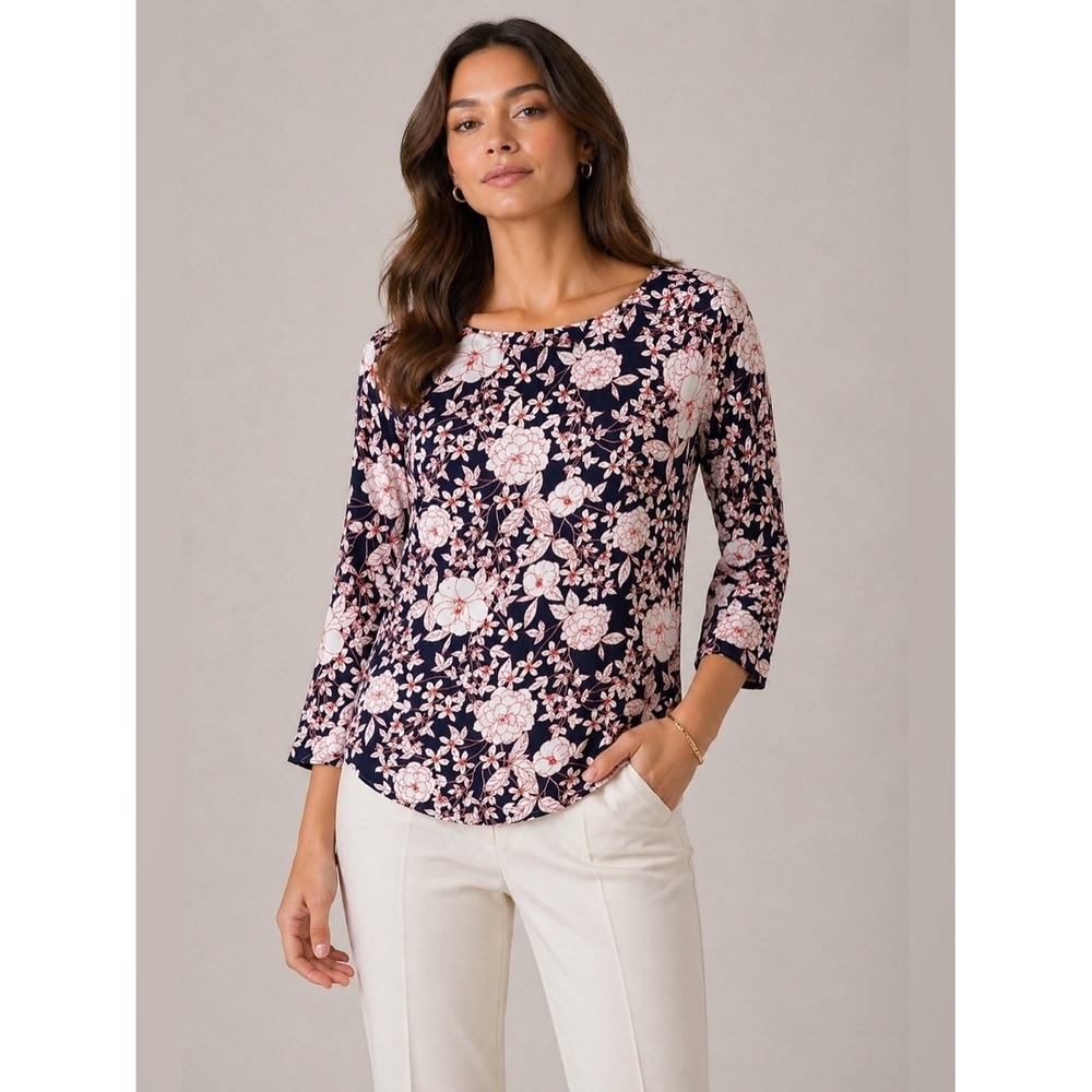 Banana Republic Navy Floral Scoop Neck 3/4 Sleeve XS Blouse